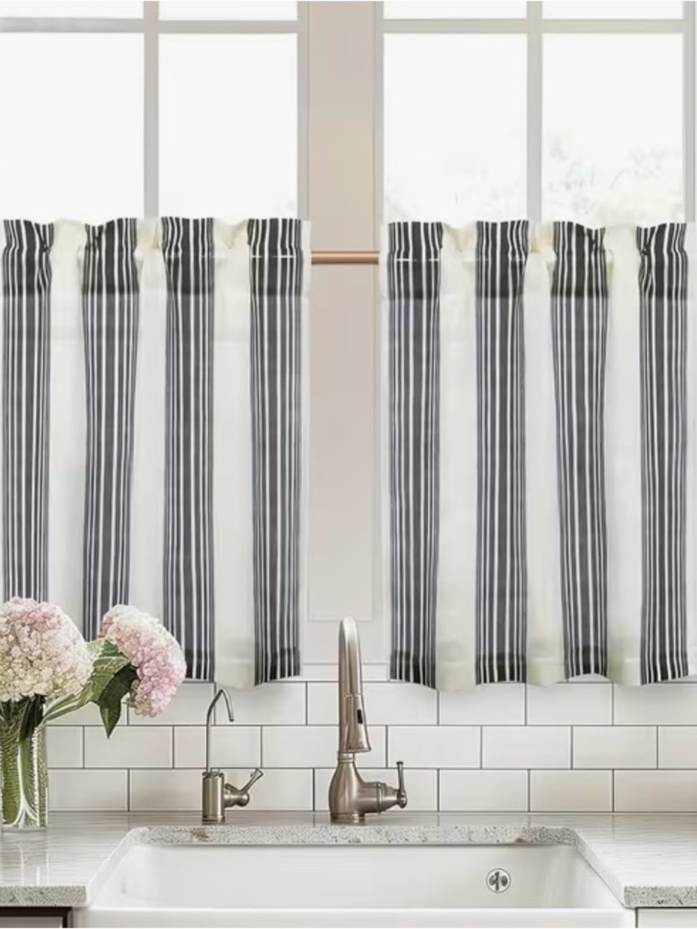 Cafe Curtain Set - Black and White Striped Linen Blend (26”x24”)